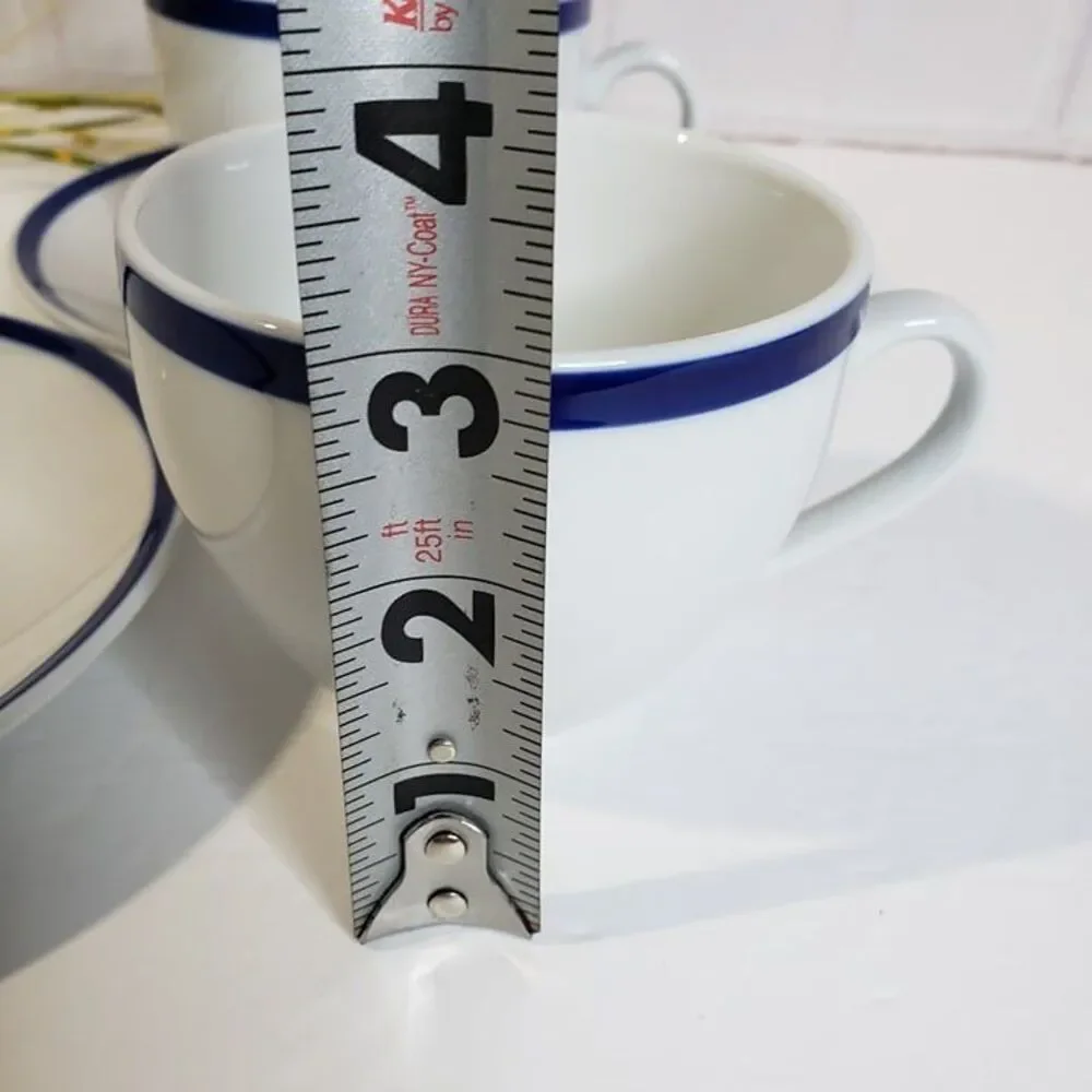 Set of 2 Williams Sonoma Brasserie Blue Trim Flat Coffee Cups & Saucers Japan